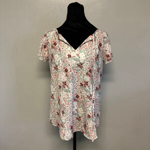 Women's SimpleFun Floral Tunic Top size medium White Pink Green v-neck